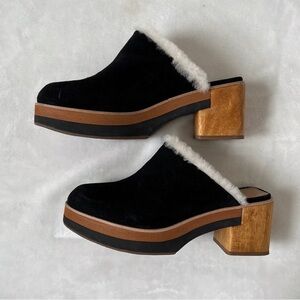 Bernardo Sky Clogs in black suede,shearling lining with wood bottom/heel EUC